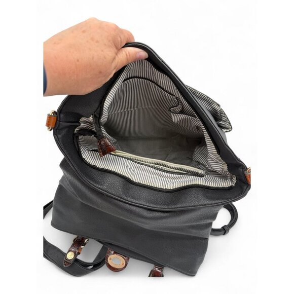 Black Faux Leather Convertible Backpack With Brown Accents & Gold Hardware - Picture 4 of 4